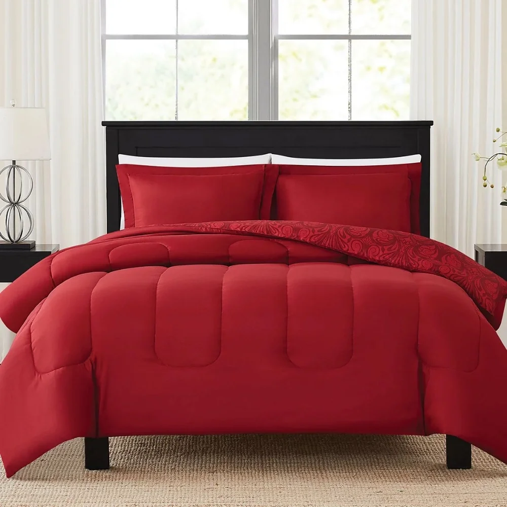 New Nuveau Scroll 3-Pc. Comforter Sets REVERSIBLE Comforter RED  KING